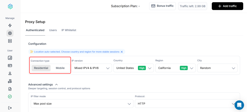 Choosing proxy connection type