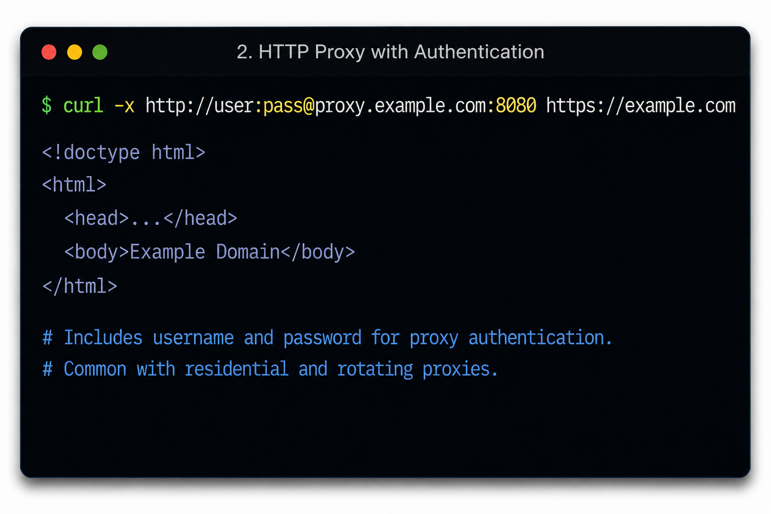 cURL proxy authentication example using username and password credentials