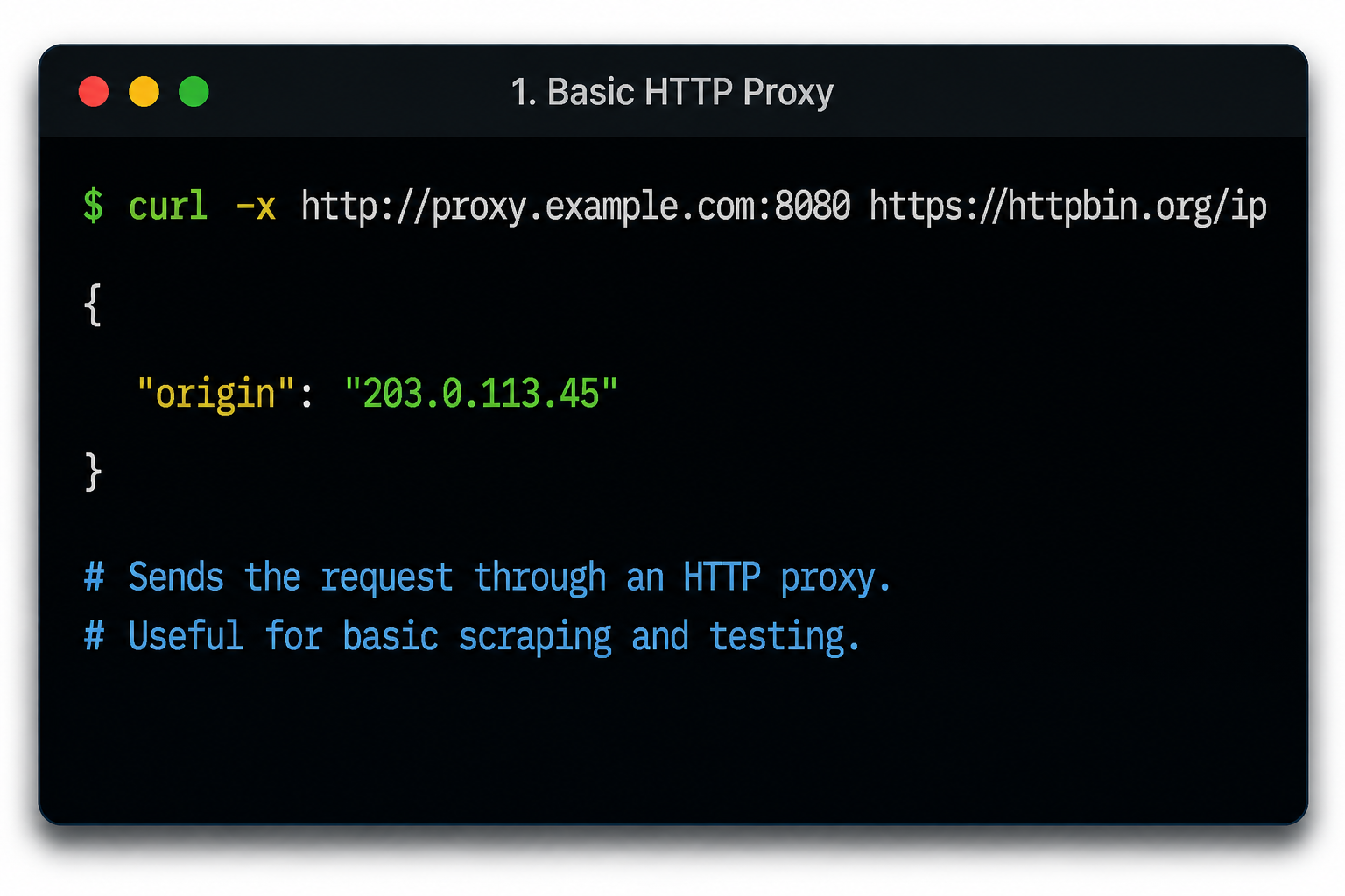 Basic cURL HTTP proxy request example with IP verification in terminal