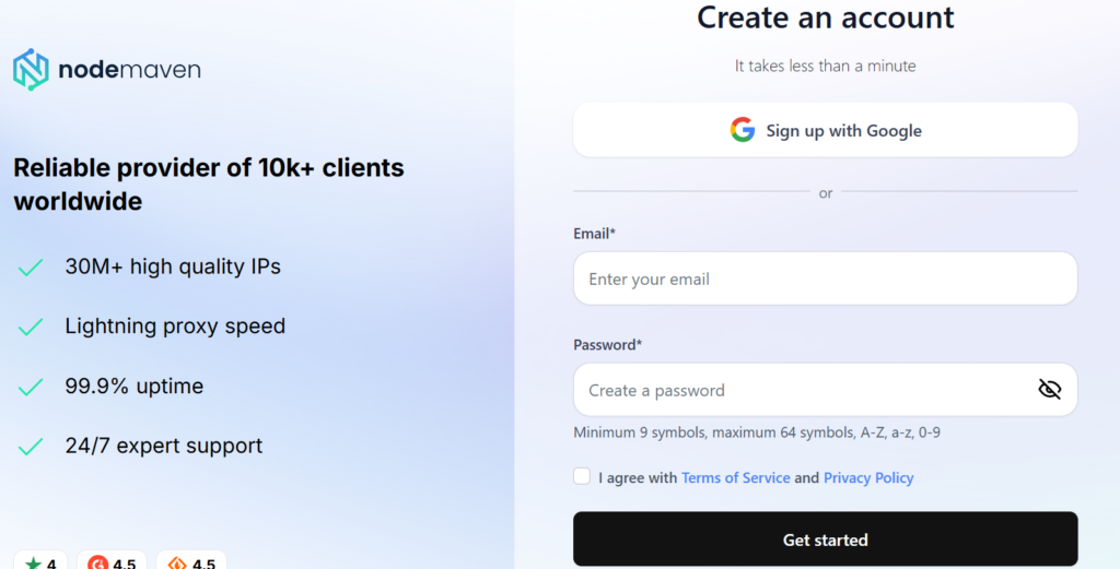 Страница регистрации NodeMaven