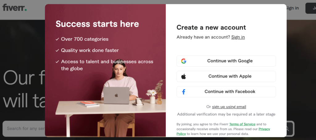 Fiverr login page