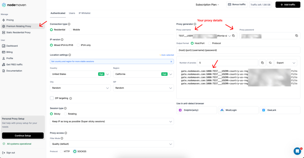 Личный кабинет NodeMaven