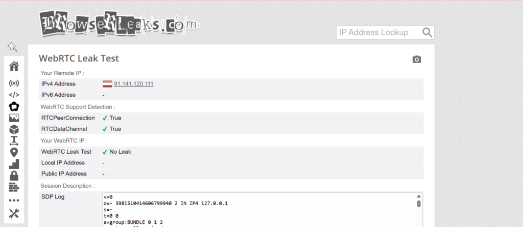 BrowserLeaks WebRTC leak testing tool
