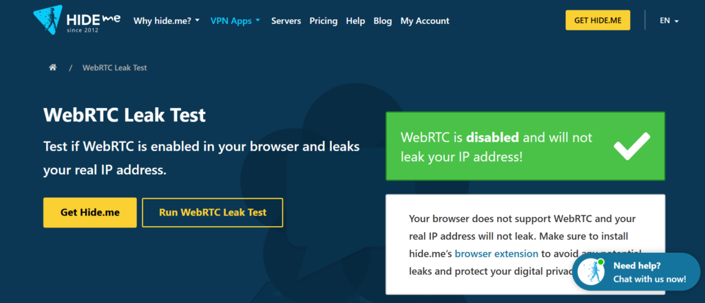 Hide.me WebRTC leak testing tool