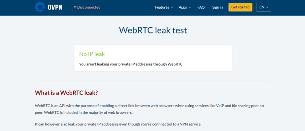 OVPN WebRTC leak testing tool