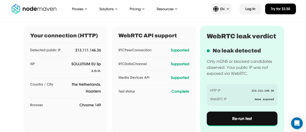 NodeMaven WebRTC leak test