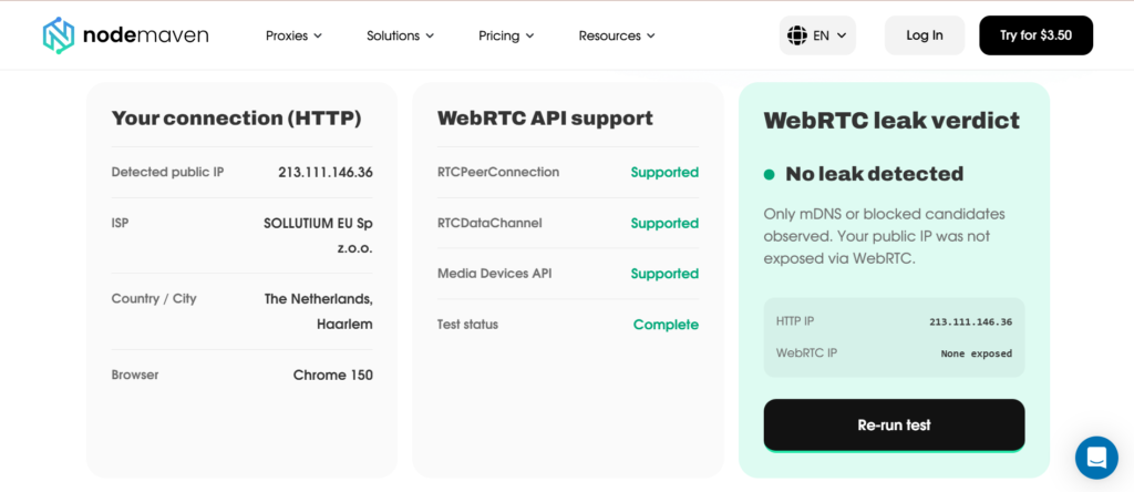 NodeMaven WebRTC leak test result 