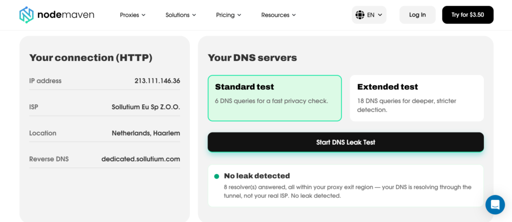 NodeMaven DNS leak test result 