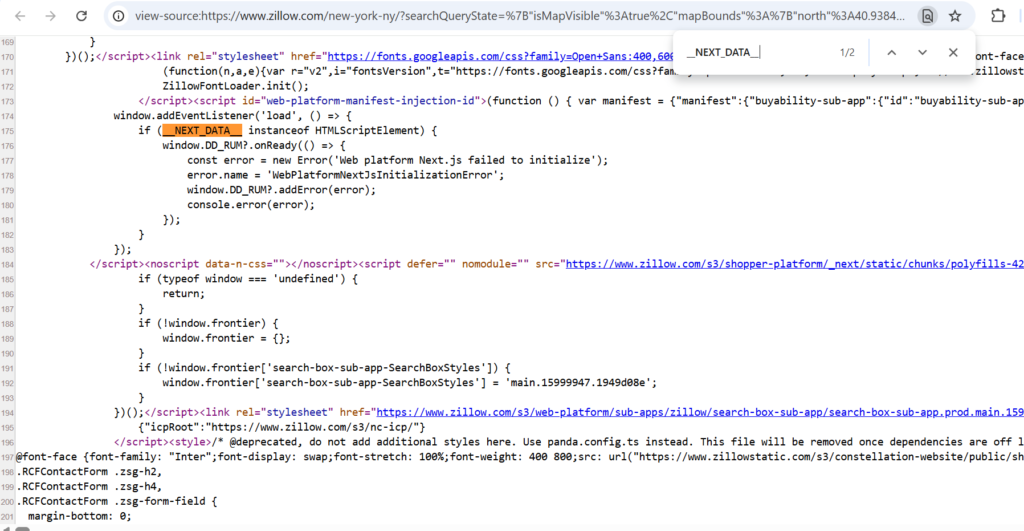Zillow page HTML code
