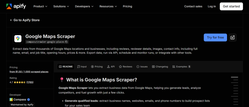 Apify Google Maps Scraper homepage
