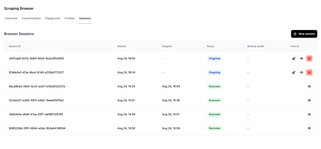 Scraping Browser Guide | Sessions tab | NodeMaven