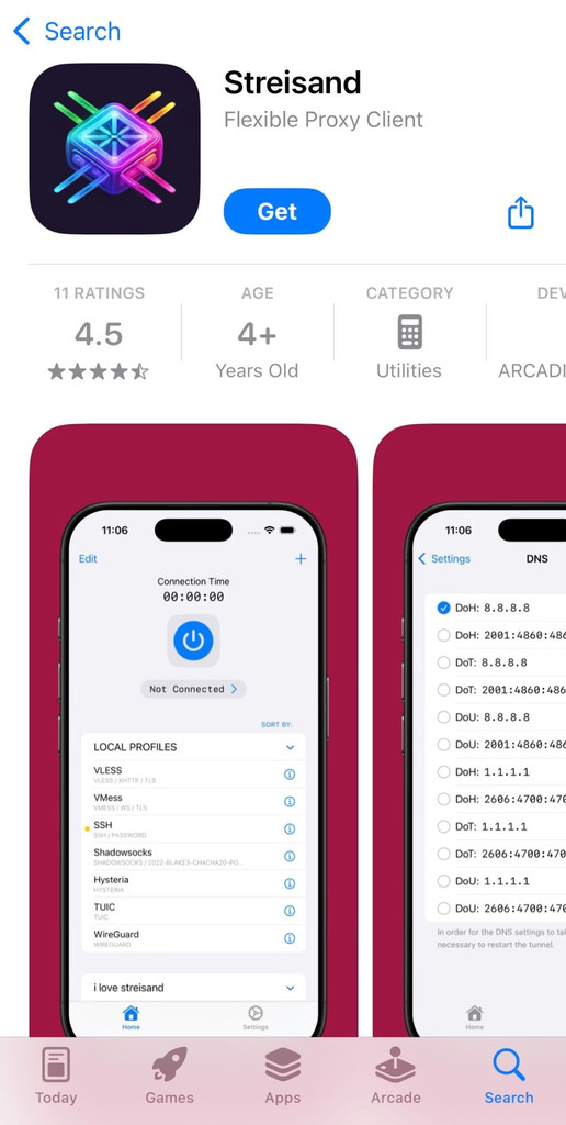 Streisand VPN Setup, Streisand’s App Store page showing the app name, developer, Get button, and device requirements.