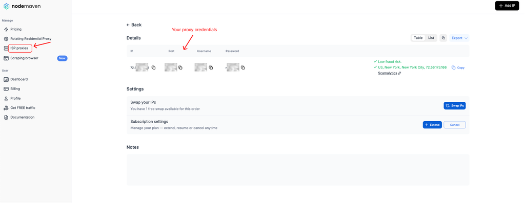 NodeMaven ISP proxy details with the password and most of the IP address hidden.