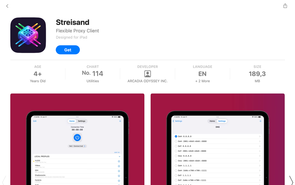 Streisand VPN Setup, Streisand’s App Store page showing the MacOS app name, developer, Get button, and device requirements.